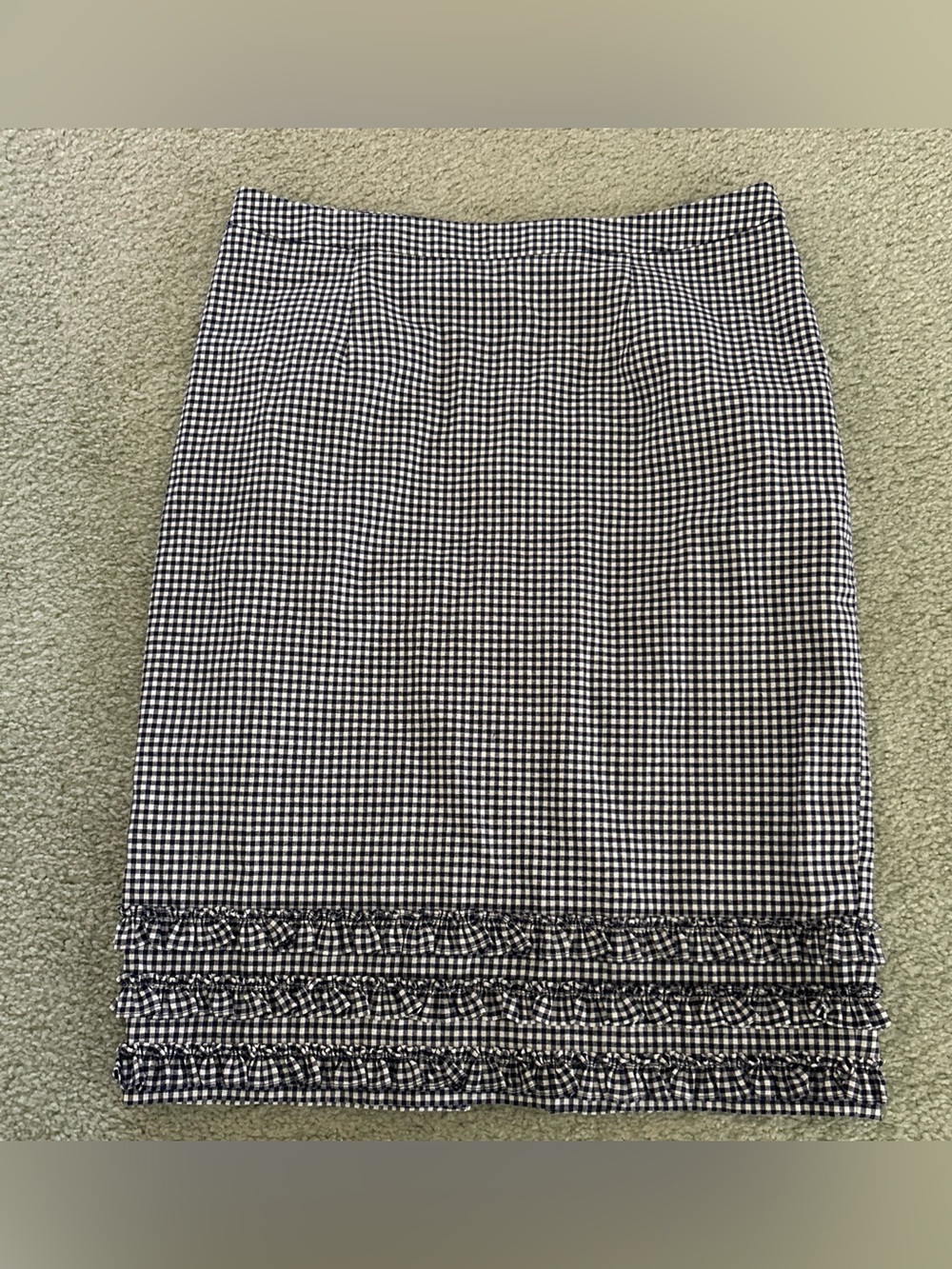 Boden Midi Gingham Ruffle 100% Cotton Pencil Skirt Size 8 blue and white
